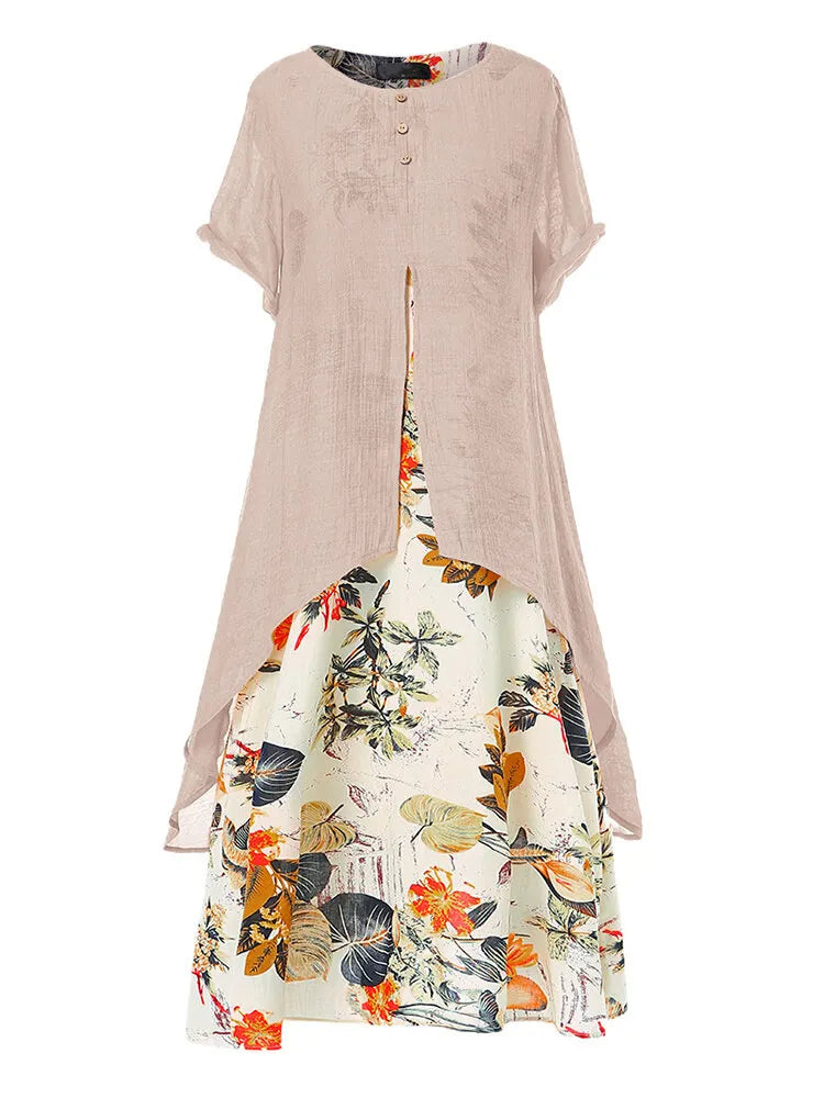 Fake Two-Piece Printed Linen Midi Dress