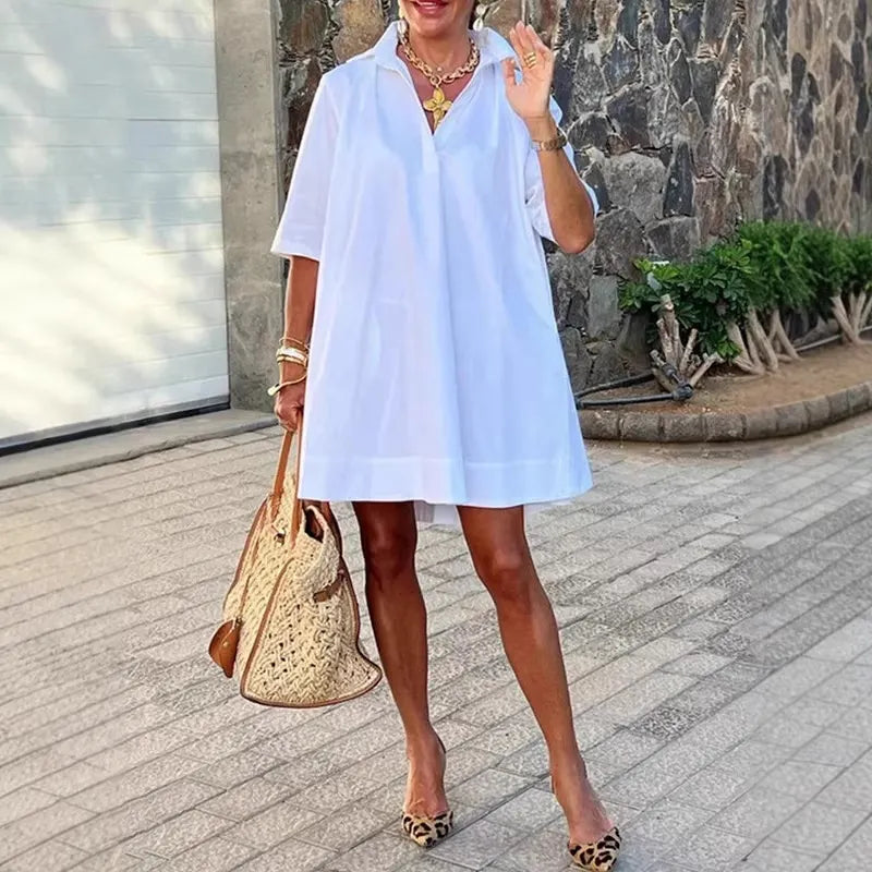 Solid Color V-Neck Collar Loose A-Line Casual Shirt Dress