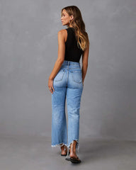 High Waist Frayed Raw Hem Distressed Denim Pants