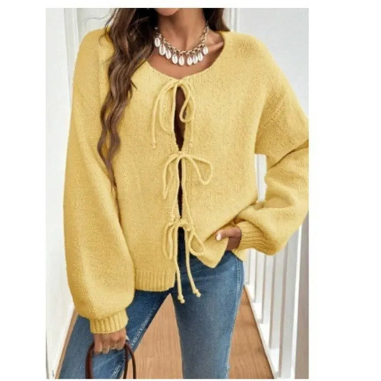Multiple Drawstring Open Front Knit Top Long Sleeve Casual Oversized Cardigan