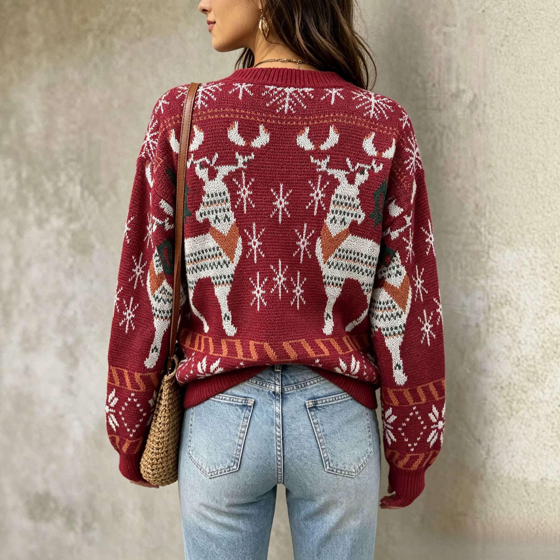 Reindeer Snowflake Jacquard Round Neck Pullover Sweater