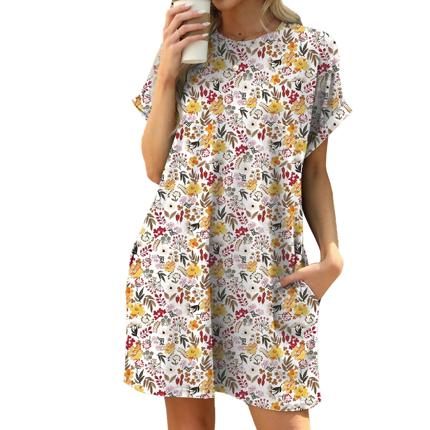 Round Neck Floral Print Loose A-Line Mini Dress With Side Pockets Casual Campus Daily Commuter Dress