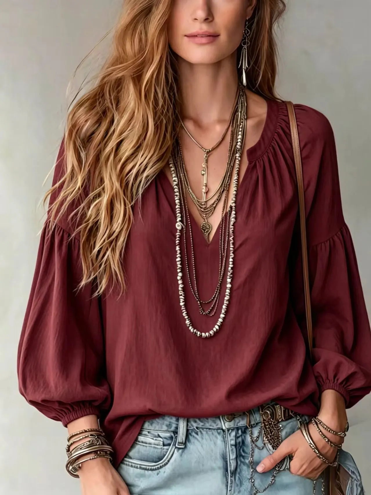 Notched V Neck Puff Sleeve Elastic Cuff Relaxed Fit Shirt