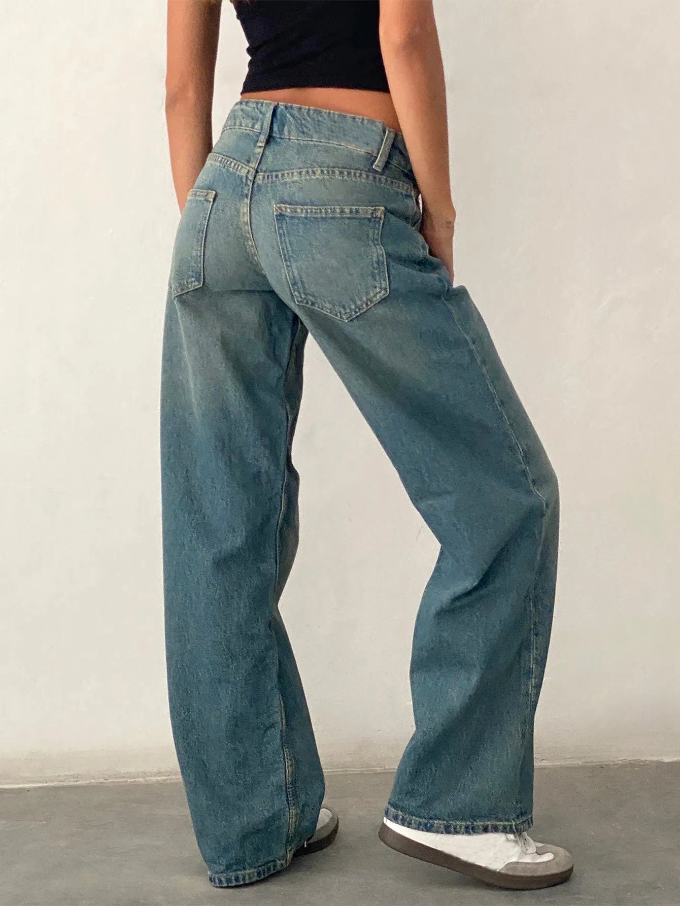 Vintage Wash Low Rise Wide Leg Denim Jeans