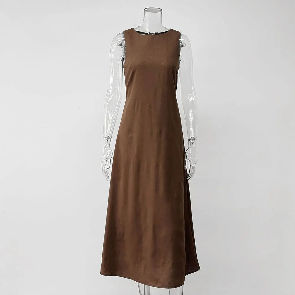 Solid Round Neck Sleeveless Straight A-Line Long Midi Dress