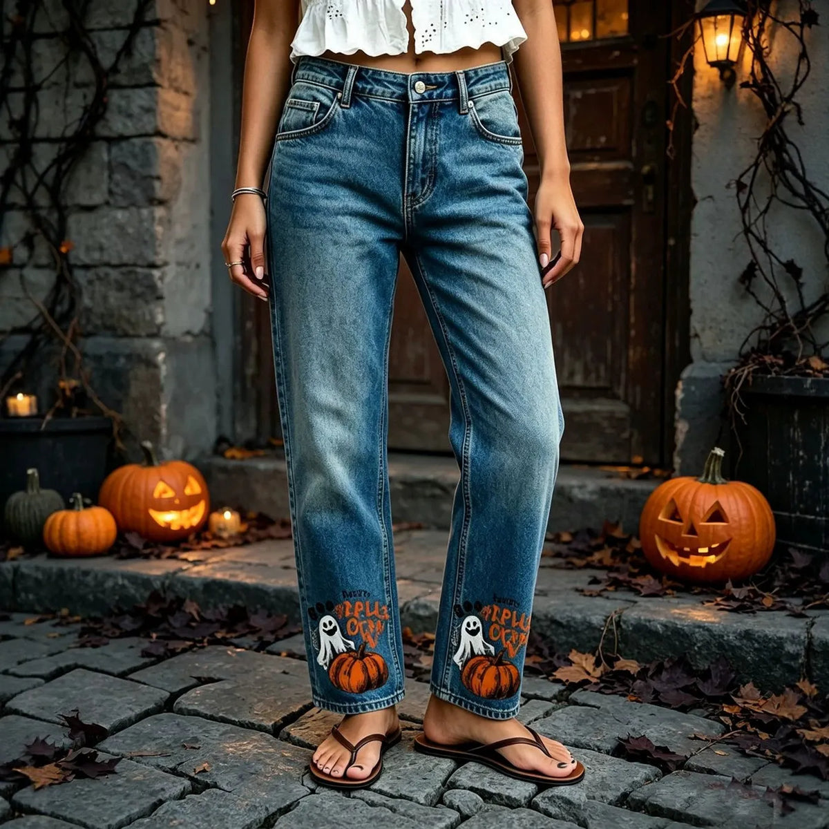 Halloween Ghost Pumpkin Printed Straight Jeans