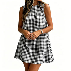 Round Neck Gingham Check Sleeveless Loose A-Line Mini Casual Dress