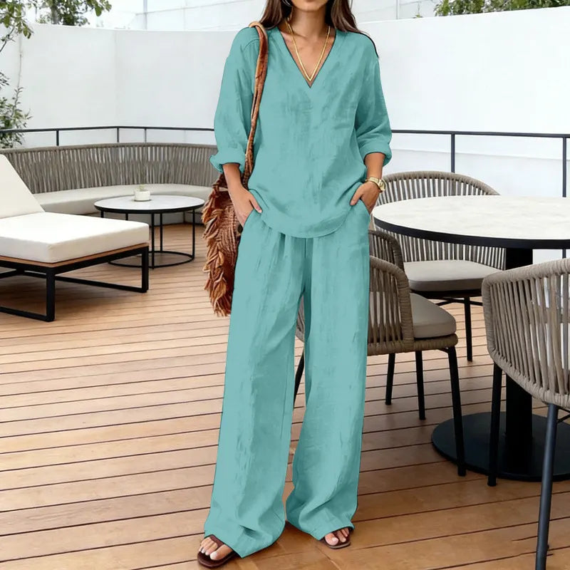 Solid V-Neck Long Sleeve Top & Wide Leg Pants Two-Piece Set