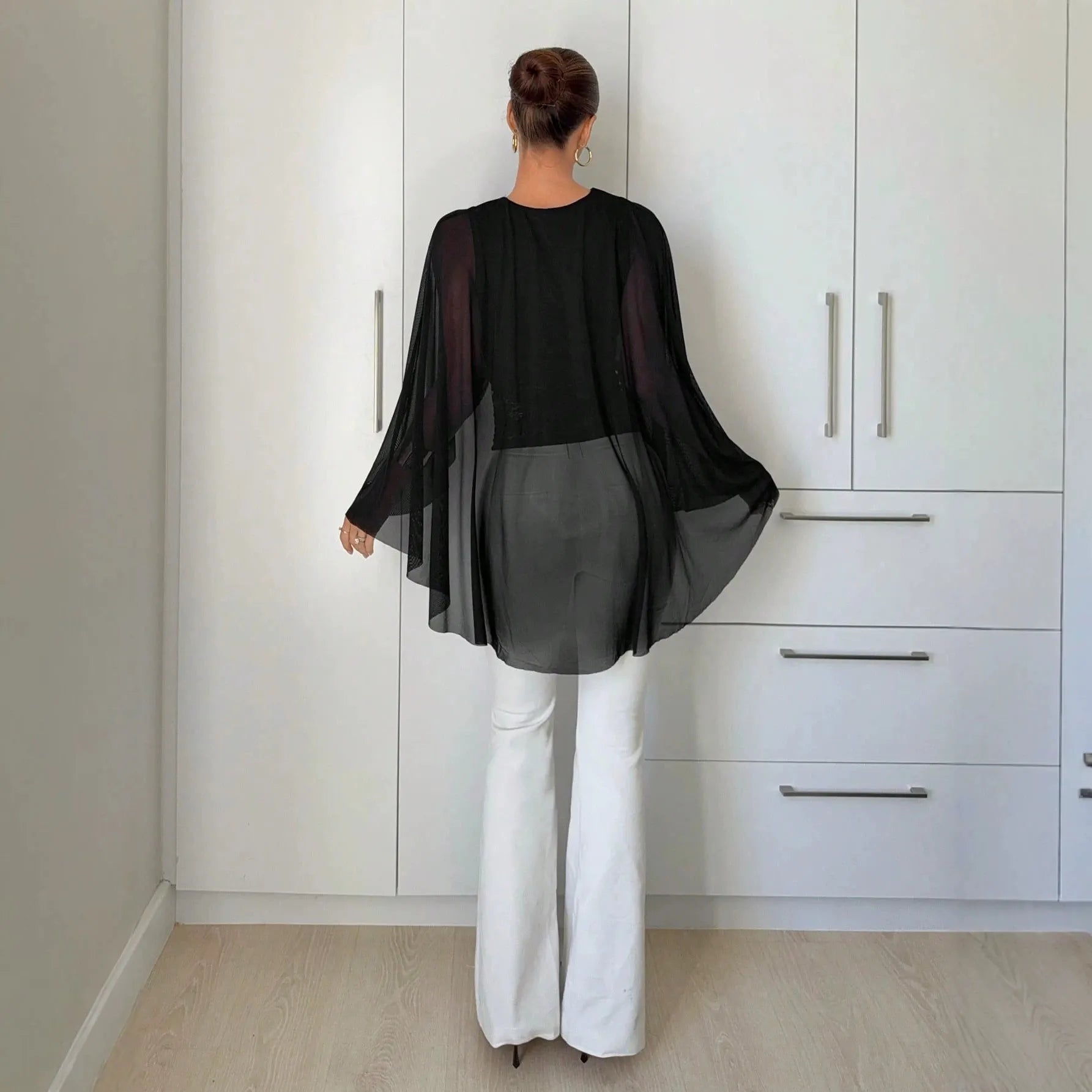 Black Chiffon Cape Sleeve Top | Lace Waist Cutout Cropped Blouse