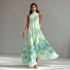 Halter Neck Floral Print Flowy A-Line Maxi Dress