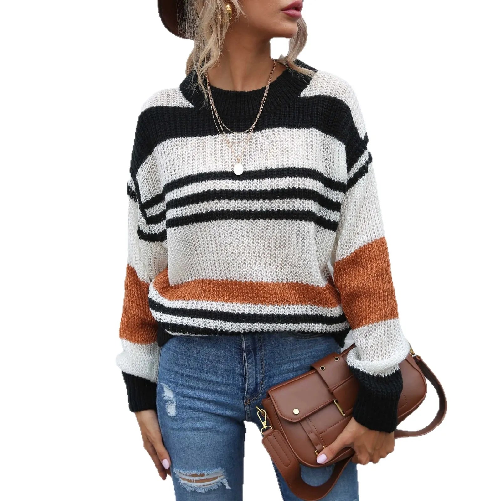 Color Block Striped Crew Neck Sweater Oversized Long Sleeve Knit Pullover