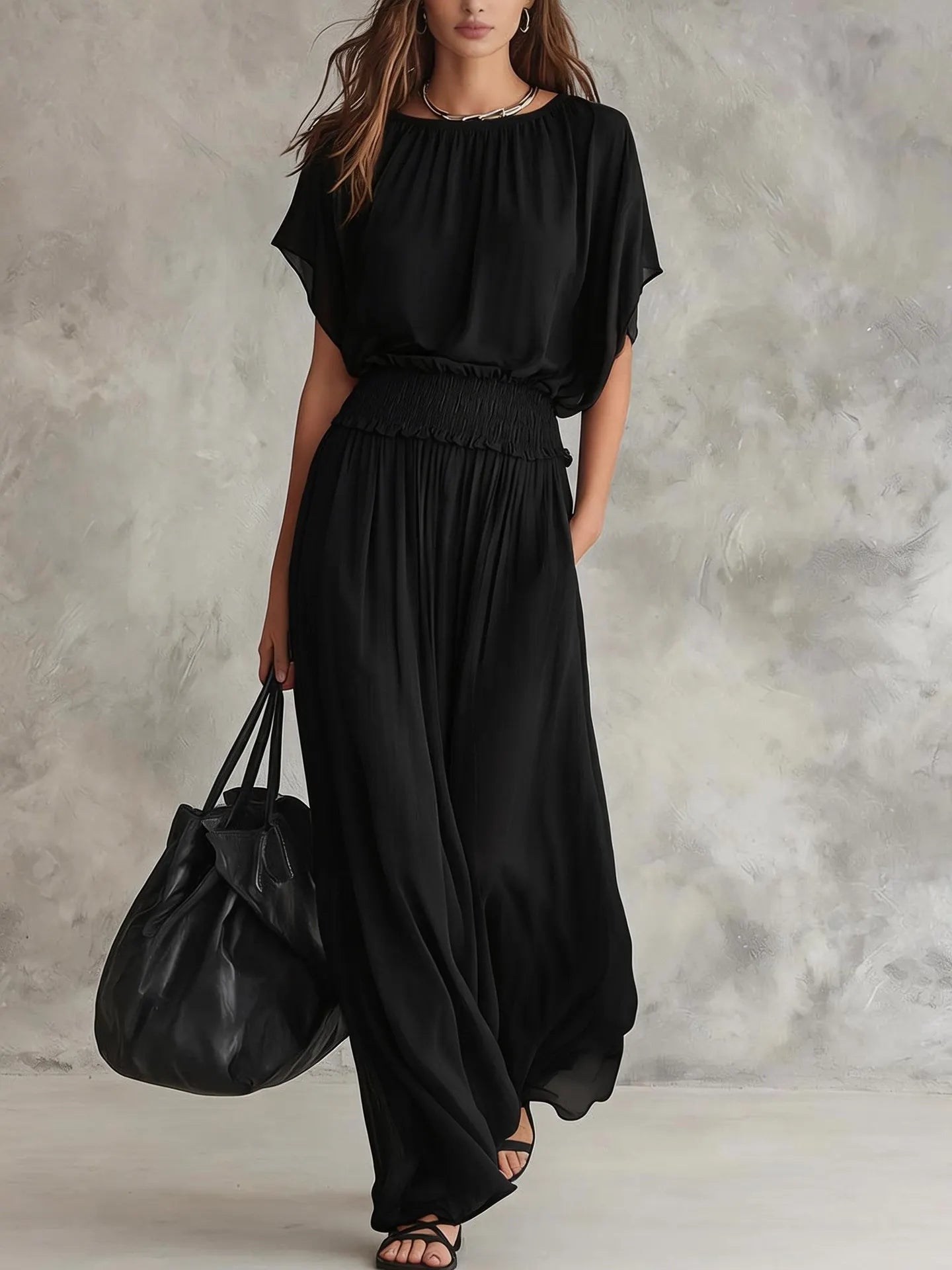 Army Green Batwing-Sleeve Smocked Waist Maxi Dress