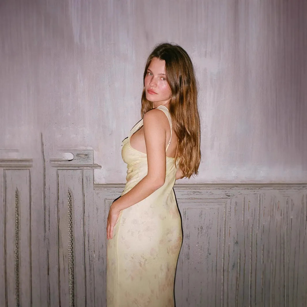 Yellow Floral Spaghetti Strap V-Neck Maxi Dress