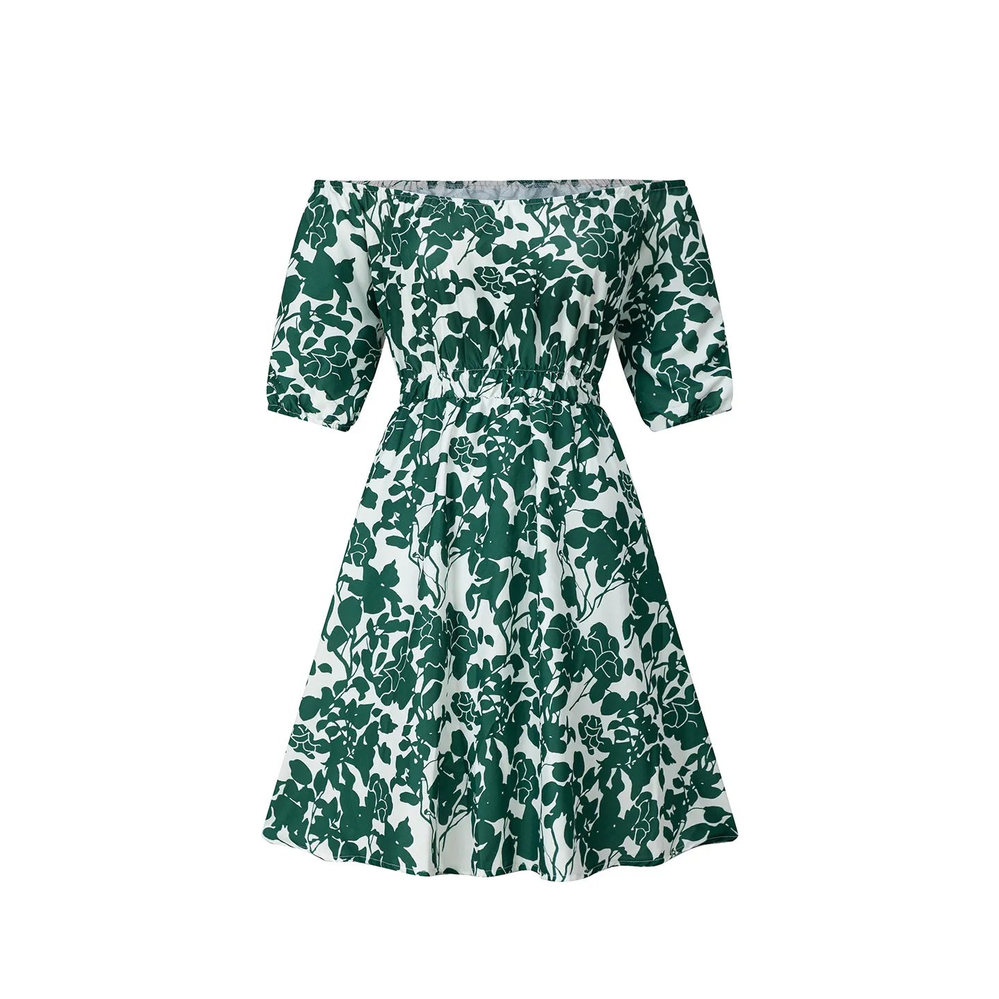 Floral Print Off Shoulder High Waist Swing Dress Short Sleeve Elegant Casual Midi Dress