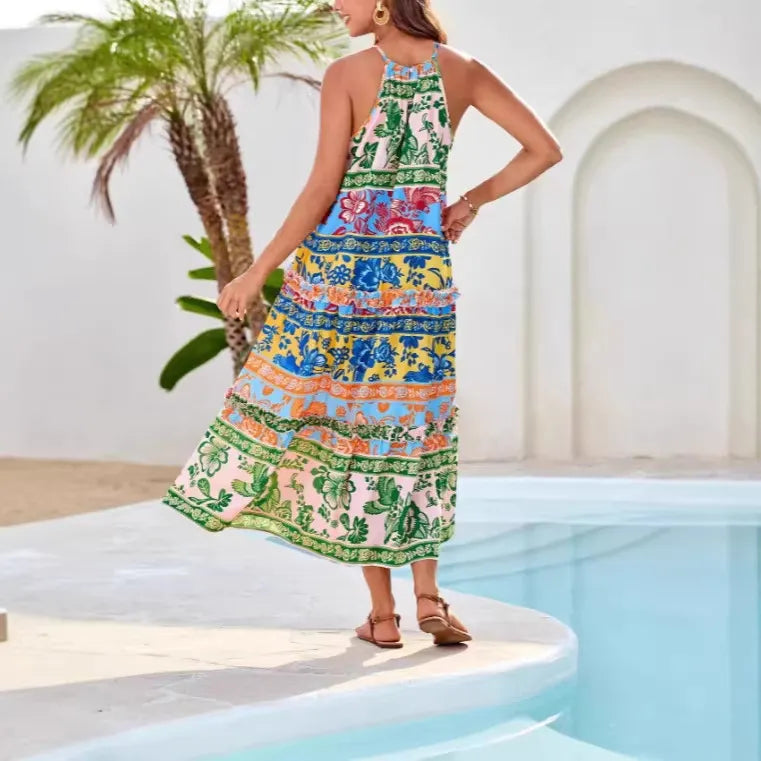 Boho Print Halter Neck Sleeveless Tiered Maxi Dress