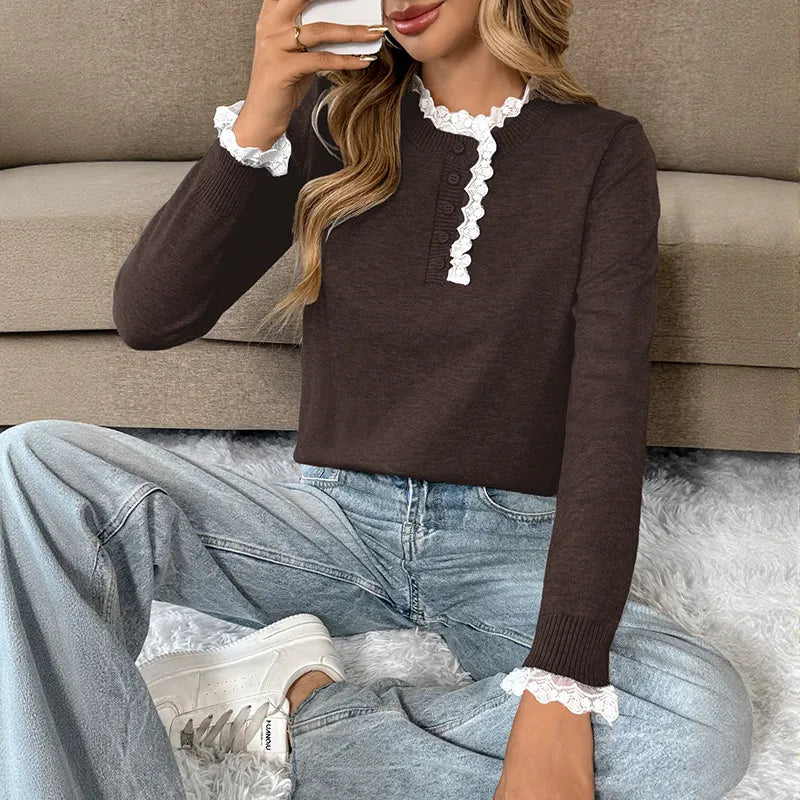 Feminine Lace Trim Knit Sweater, Button Placket Long Sleeve Soft Fall Basic Top