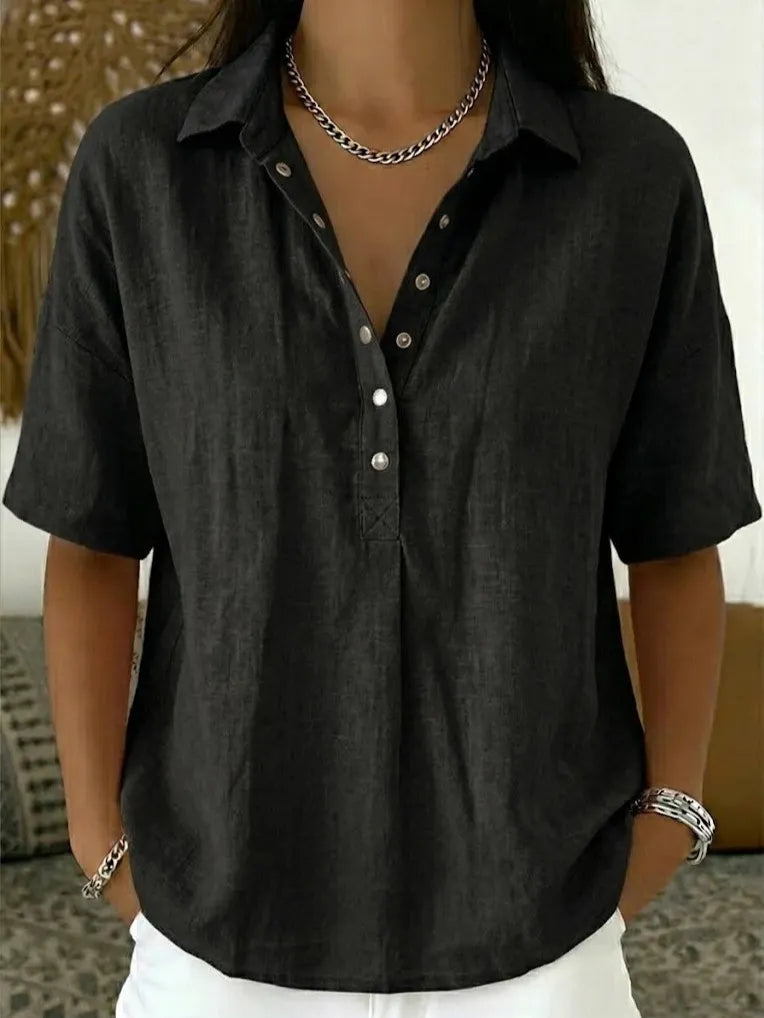Solid Color Lapel Half-Button Short Sleeve Blouse