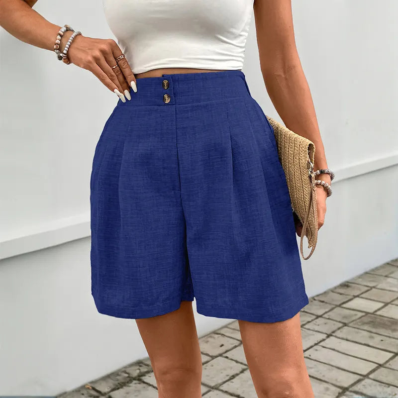 High Waist Double Button Pleated Linen Bermuda Shorts