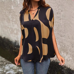 Color Block V-Neck Batwing Sleeve Loose Casual T-Shirt
