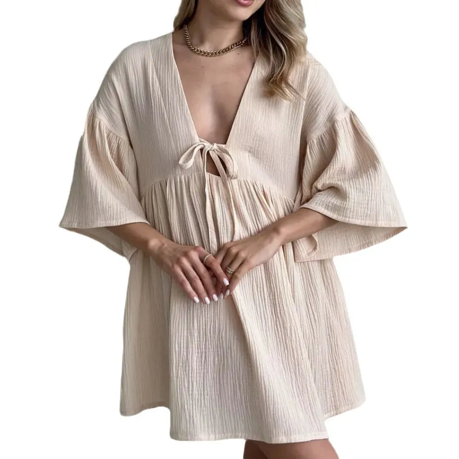 V-Neck Tie Front Flare Sleeve Crinkle Mini Dress