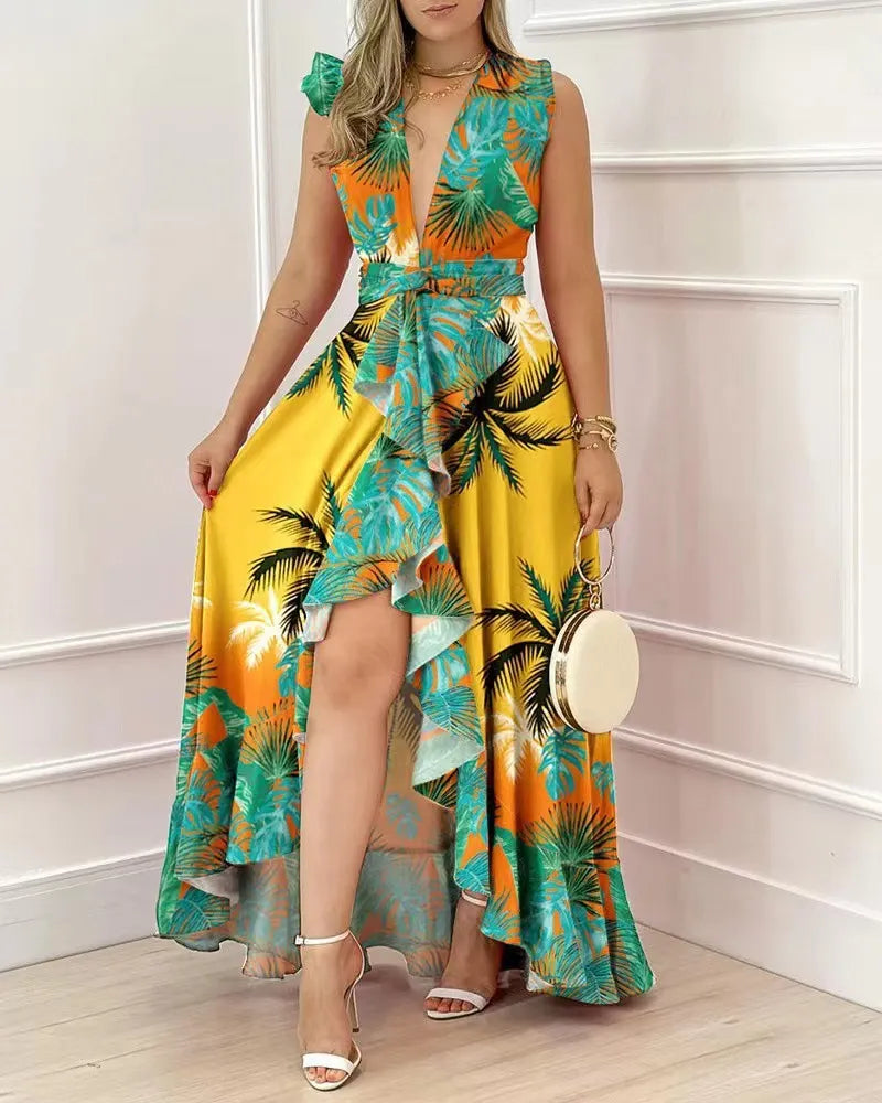 Deep V Neck Ruffle Floral High Low Maxi Dress