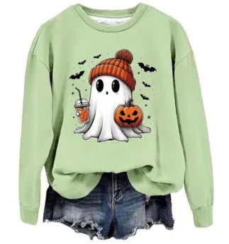 Halloween Ghost Pumpkin Print Crew Neck Sweatshirt
