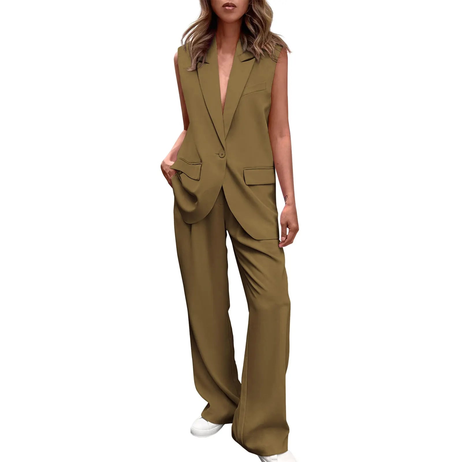 Sleeveless Blazer Vest Wide Leg Pants 2 Piece Suit Set