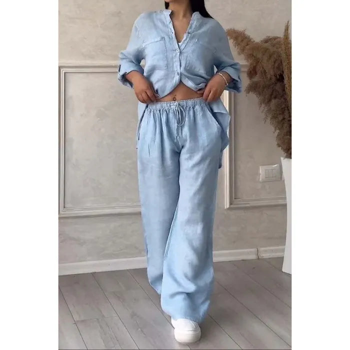 Green Linen-Blend Button-Down Shirt & Wide-Leg Pants Set