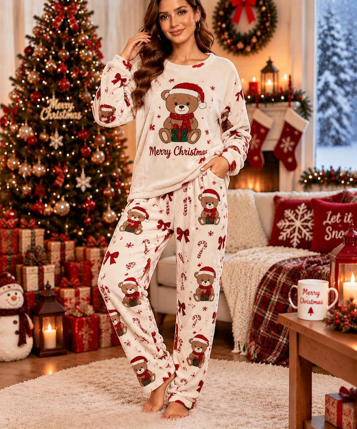 Cute Christmas Snowman Fleece Loungewear Set Round Neck Long Sleeve Top & Elastic Waist Full Length Pants