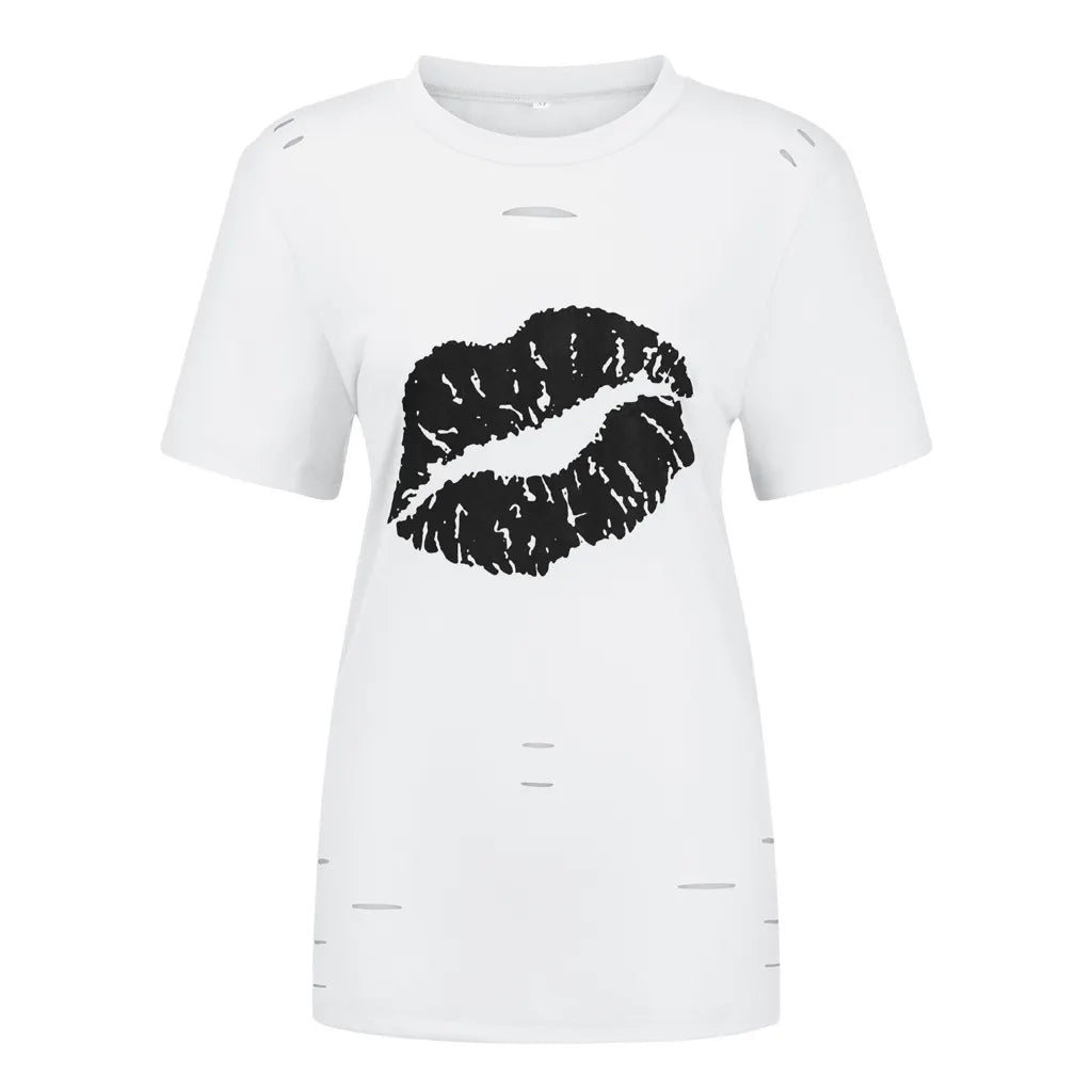 Crew Neck Hollow Out Lip Print Straight Cut Cotton Blend Short Sleeve Commuter Casual Pullover T-shirt
