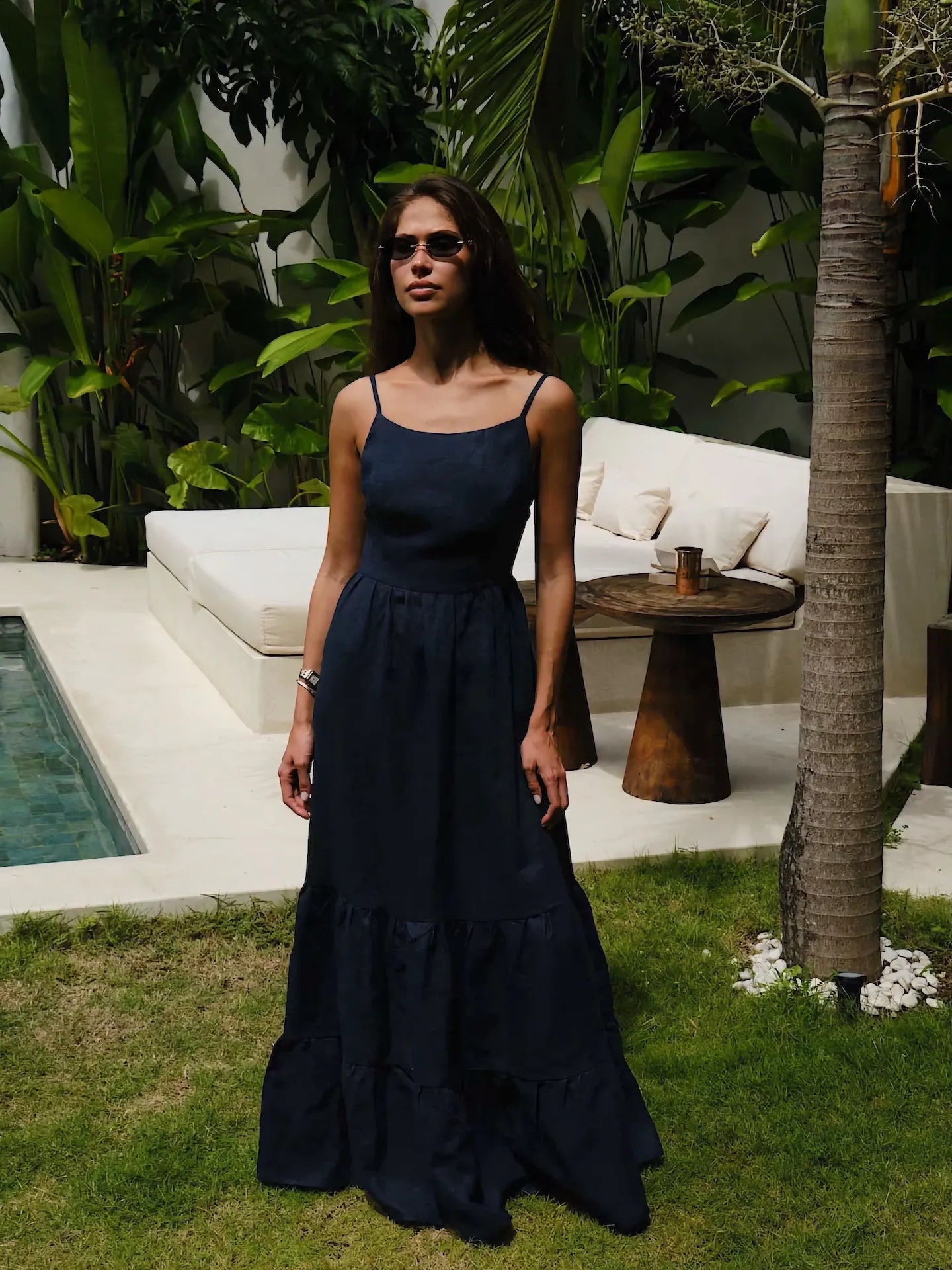 Solid Square Neck Spaghetti Strap Tiered Ruffle Cotton Maxi Dress