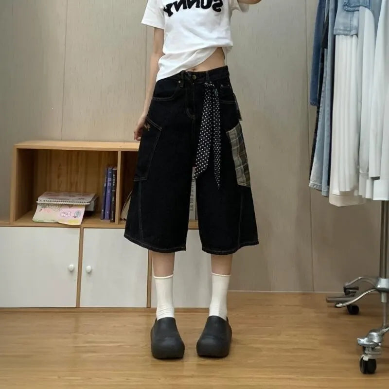 High Waist Solid Color Wide Leg Cropped Jeans With Decorative Ribbon
