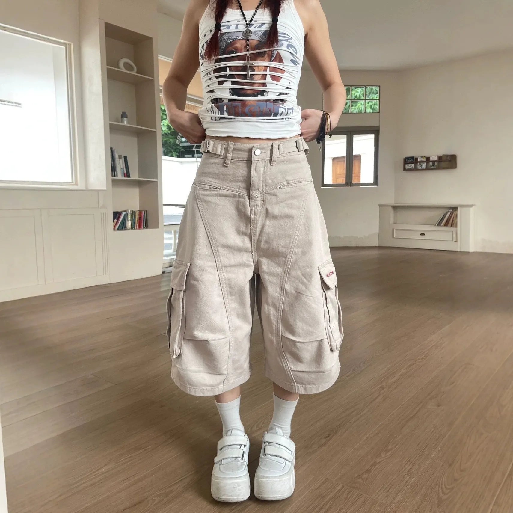 High Waist Loose Cargo Cropped Straight Pants