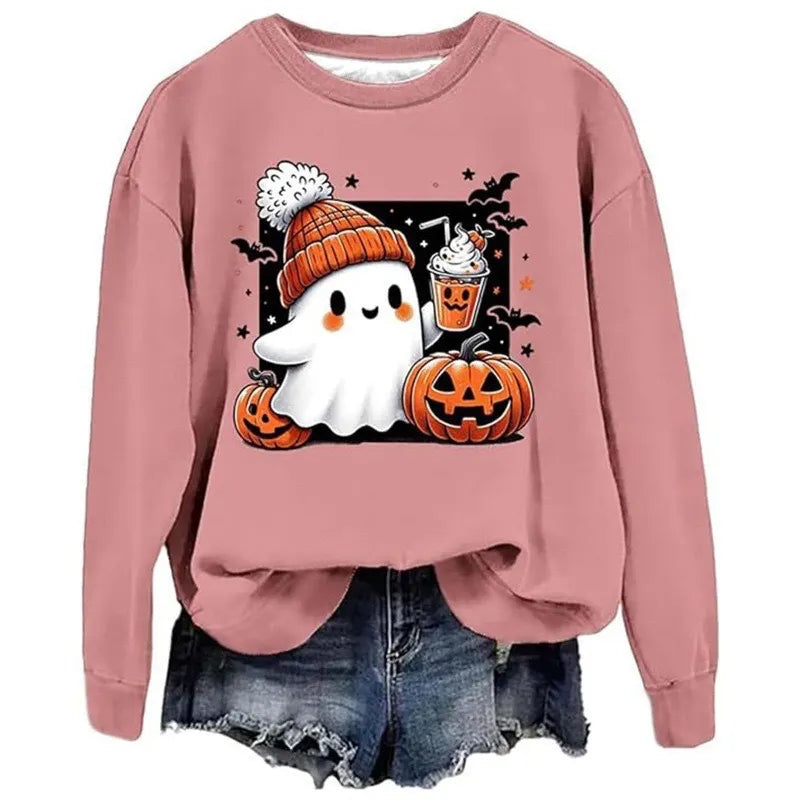 Halloween Ghost Pumpkin Print Crew Neck Sweatshirt