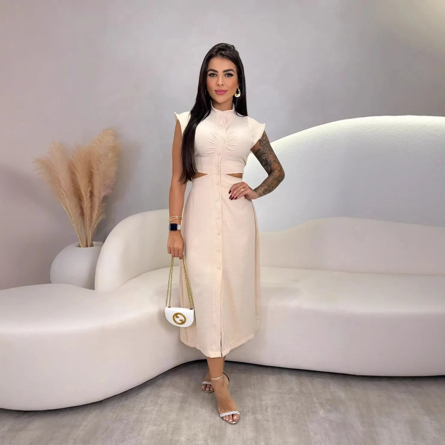 Apricot Stand Collar Cutout Button Midi Dress