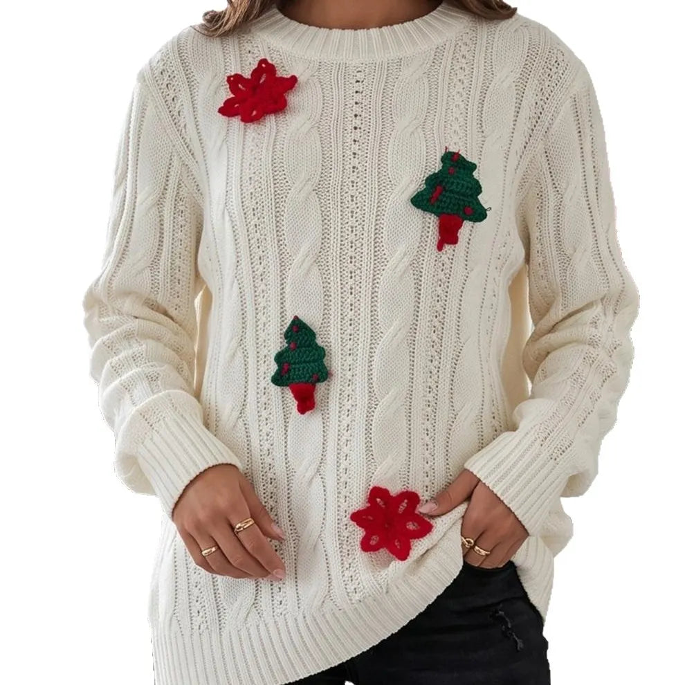 3D Christmas Tree Snowflake Cable Knit Sweater Crew Neck Long Sleeve Holiday Pullover
