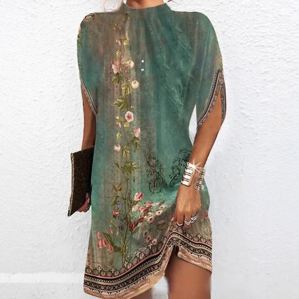 Floral Print High-Neck Batwing Sleeve Dress