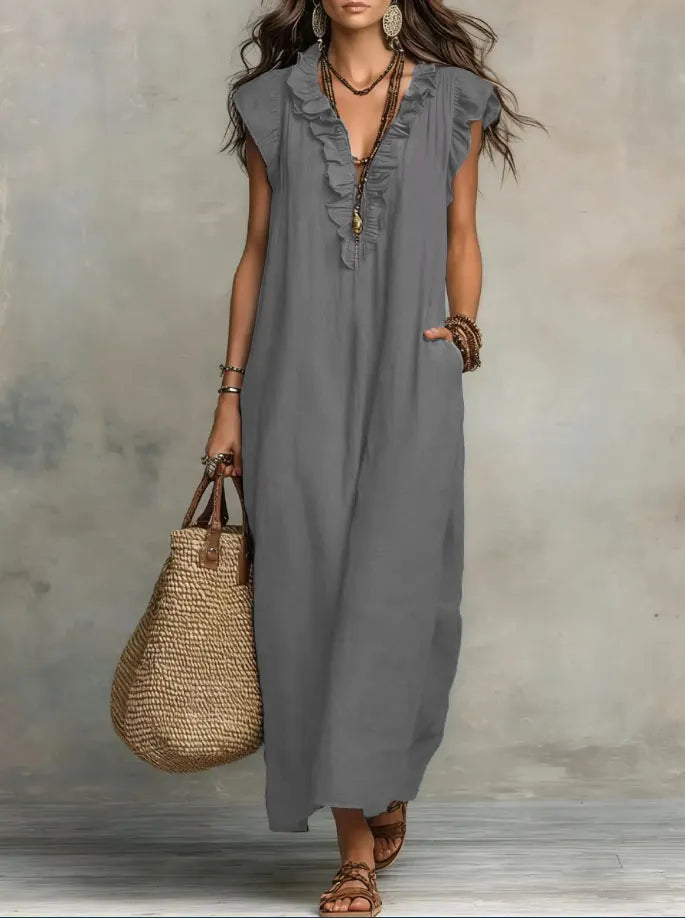 Deep V-Neck Ruffle Cap Sleeve Loose A-Line Maxi Dress