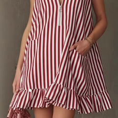 V-Neck Sleeveless Striped Ruffle Hem Loose A-Line Mini Dress