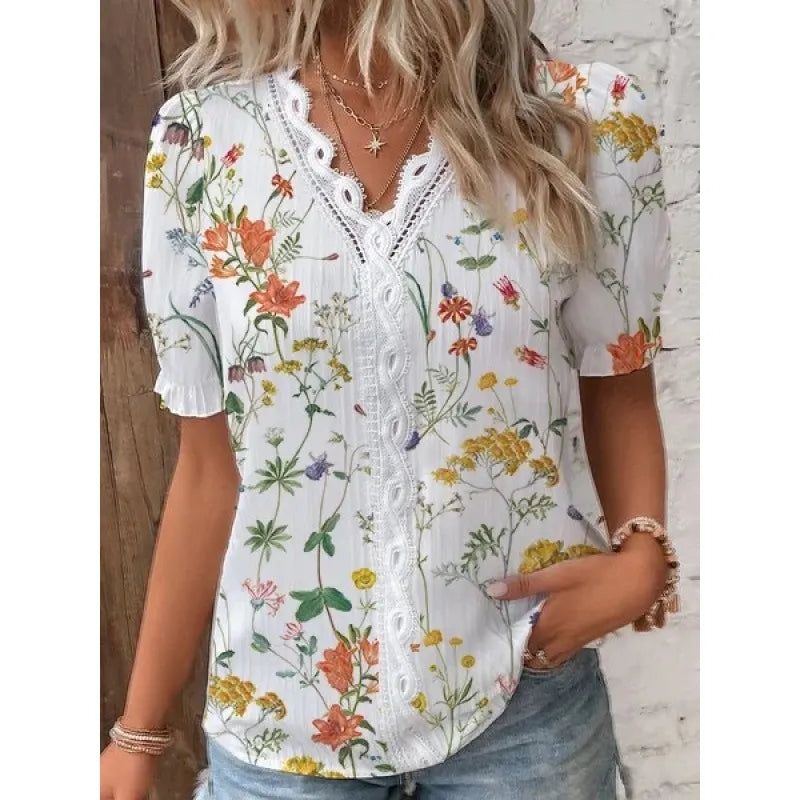 Floral Print Lace V-Neck Short Sleeve Casual Blouse
