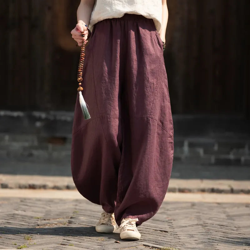 Matching Flowy Linen Elastic Drawstring Waist Spliced Retro Zen Loose Harem Long Casual Daily Outfit Pants