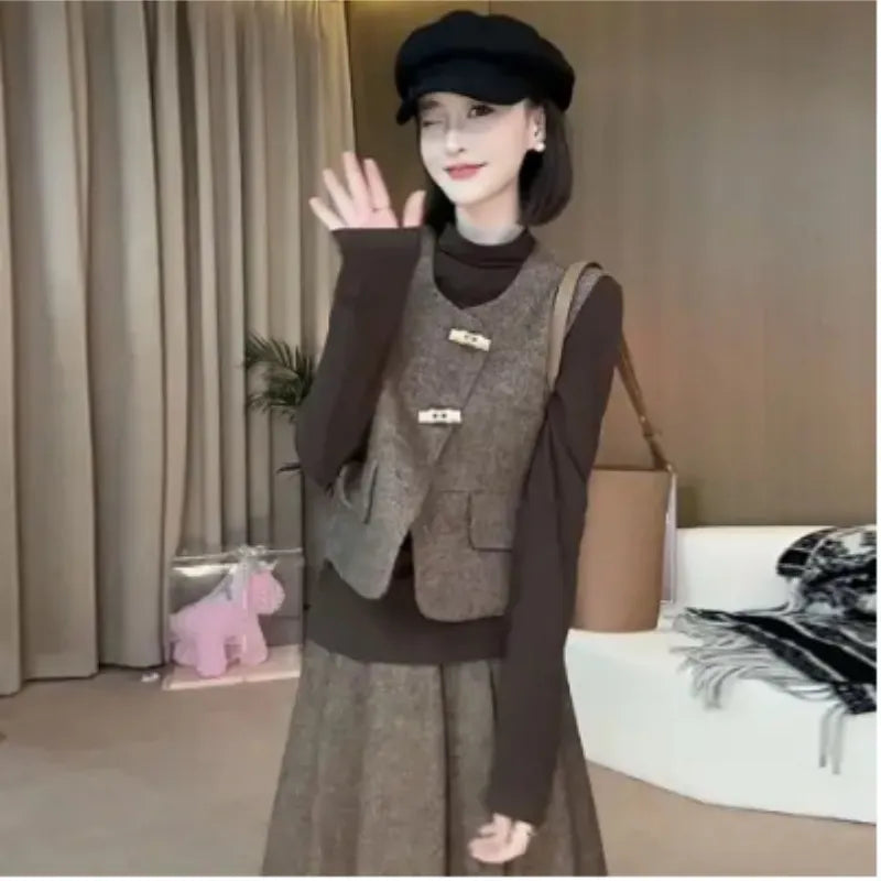 V-Neck Vest & Pleated Skirt Two-Piece Suit