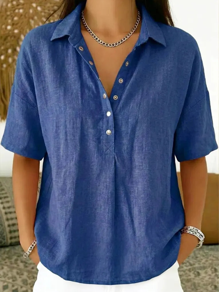 Solid Color Lapel Half-Button Short Sleeve Blouse