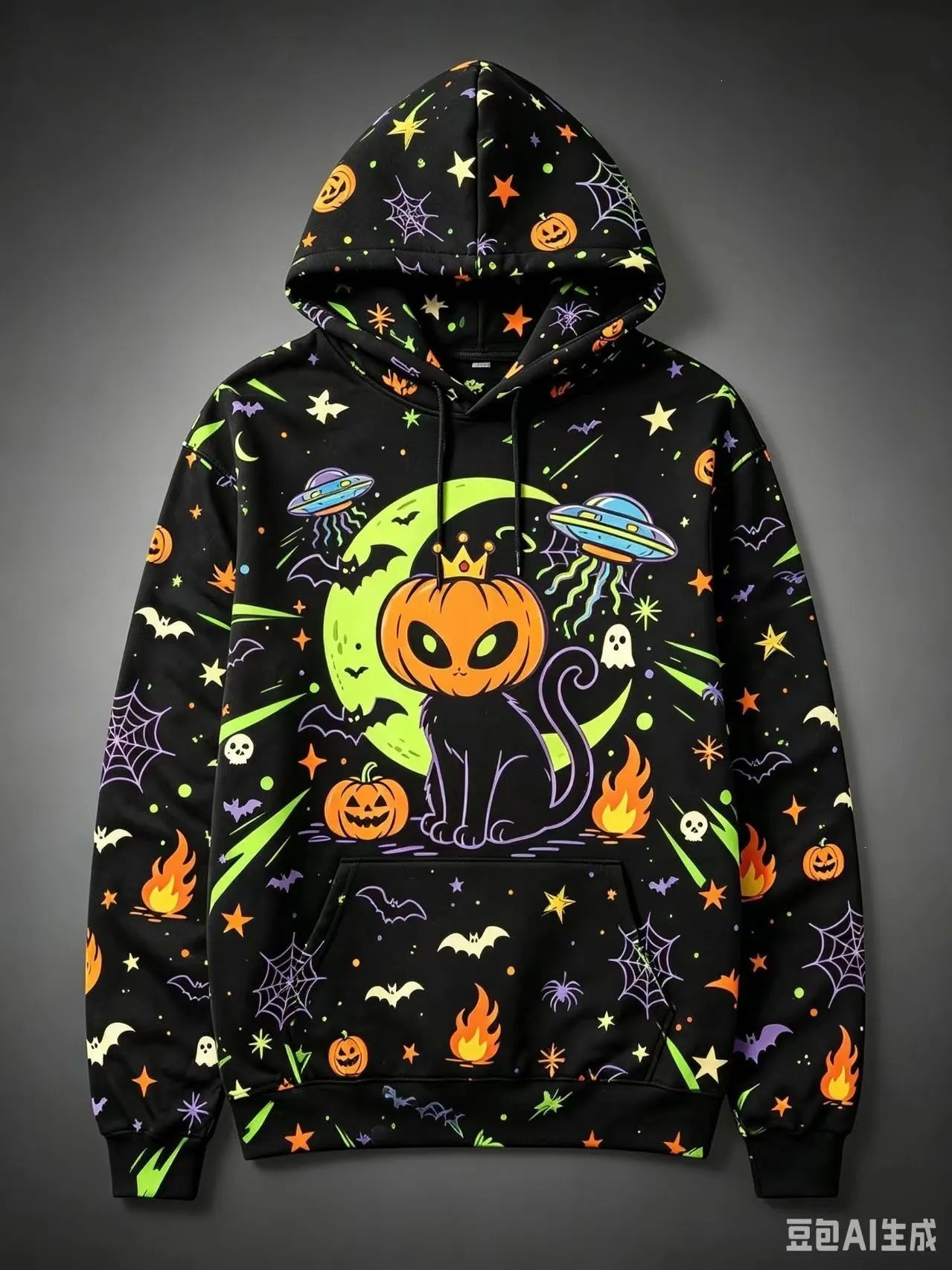 Halloween Black Cat Pumpkin Bat Moon Graphic Hoodie