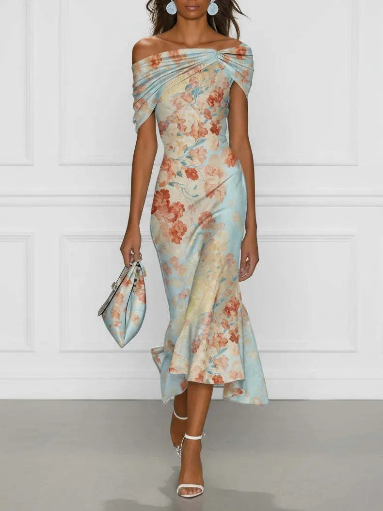 Floral Print Off Shoulder Short Sleeve Mid Waist Slim Mermaid Midi Dress