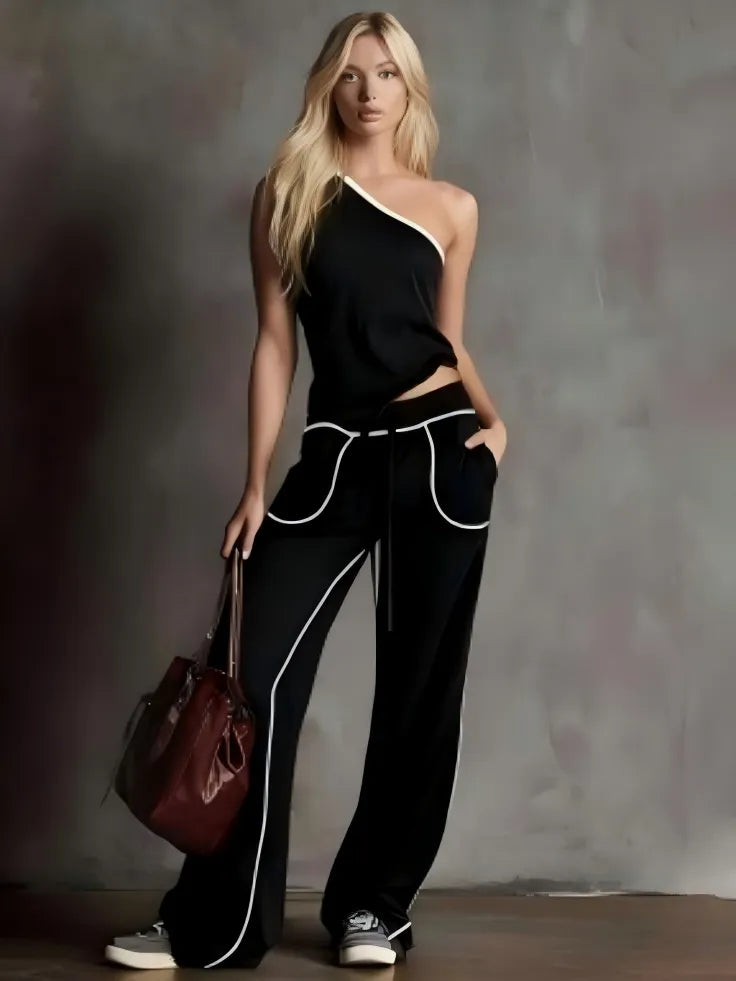 Contrast Piping One Shoulder Tank & Wide Leg Pants Two Piece Tracksuit Set