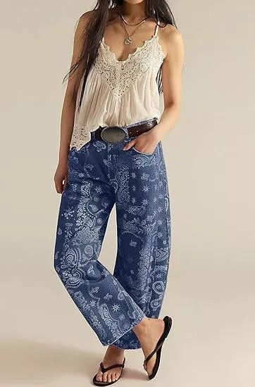 Mid‑Waist Striped Printed Loose Barrel Jeans