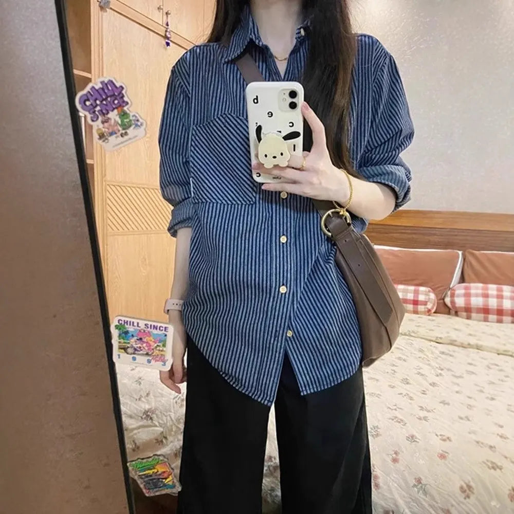 Blue Striped Patchwork Long Sleeve Loose Shirt