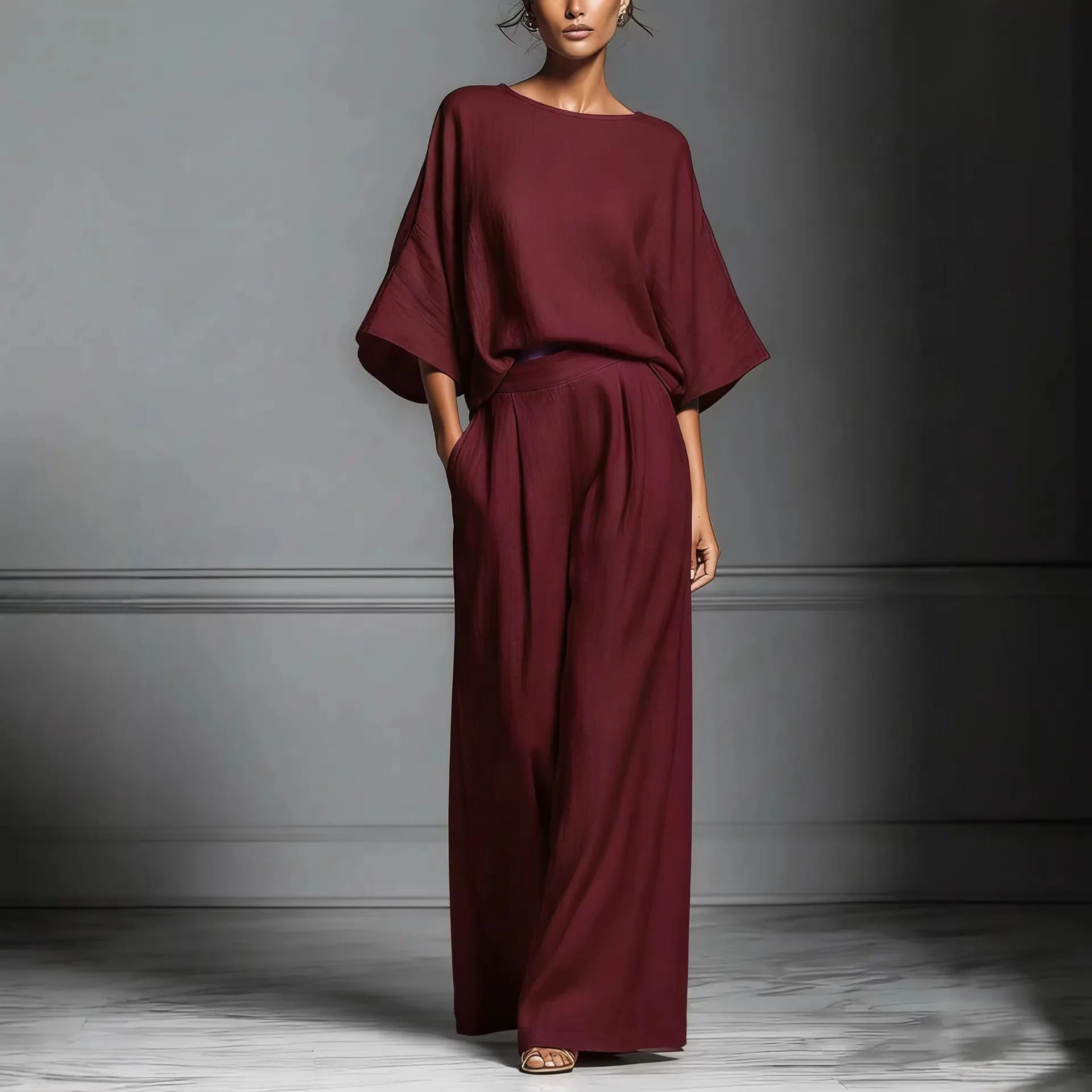 Brown Batwing Sleeve Top & Wide-Leg Pants Two-Piece Set