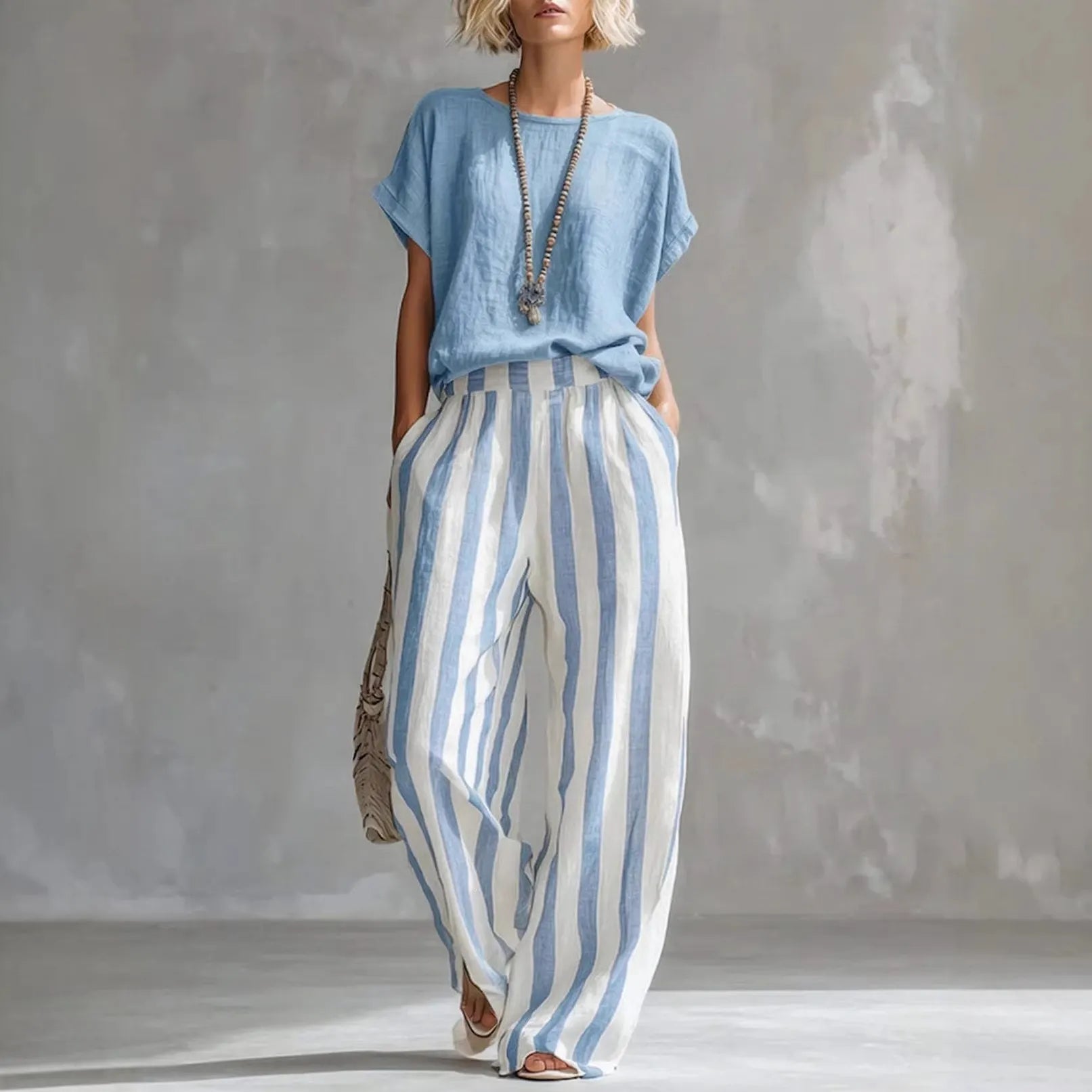 Solid Color Short-Sleeve Top & Striped Wide-Leg Pants Set